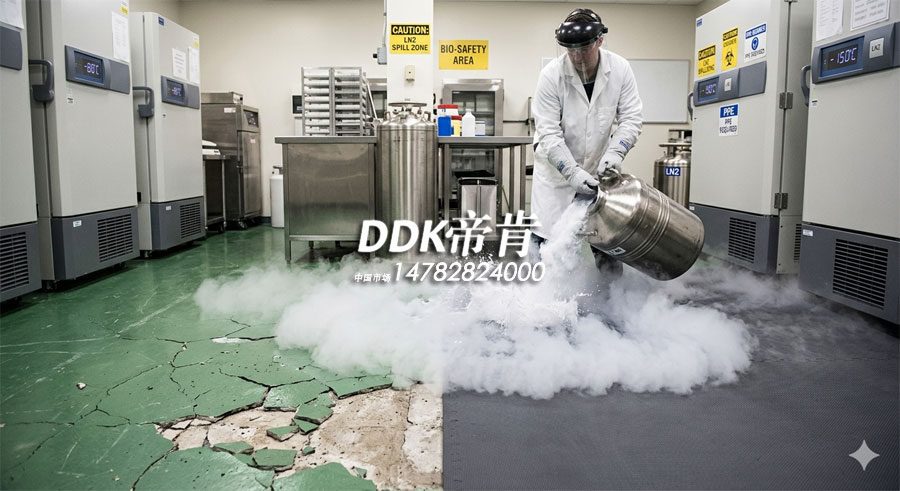 实验室深冷地面防护，超低温实验室与生物制药： 存放疫苗、干细胞或其他需要液氮/超低温存储的环境。操作区域需要特殊的抗冻地垫来保障实验人员的安全与舒适。耐液氮不碎材料 耐低温地垫铺设实景_帝肯DDK定制耐低温特种材质材质