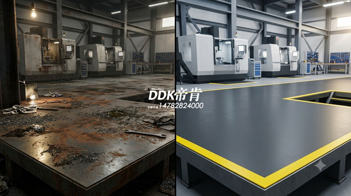 工业钢平台地面防滑防噪音铺装材料做法 帝肯 DDK 深灰色工业重载防滑卷材钢平台地板铺设效果图实景